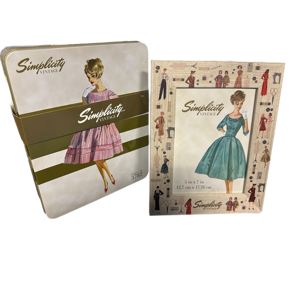 Simplicity Vintage Sewing Tin & Picture Frame Set Retro Storage Decor